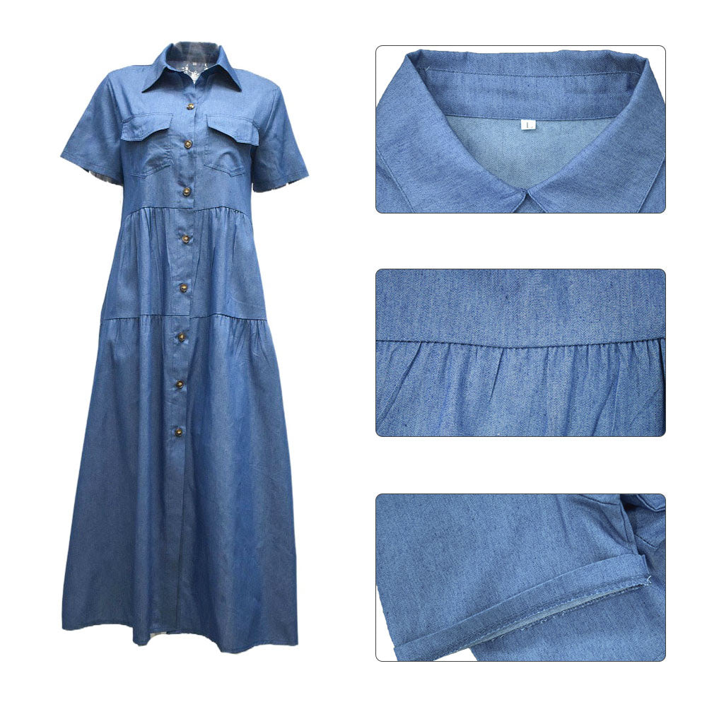 Long Solid Mercerized Denim Pleated Short Sleeve Shirt Dress 2022