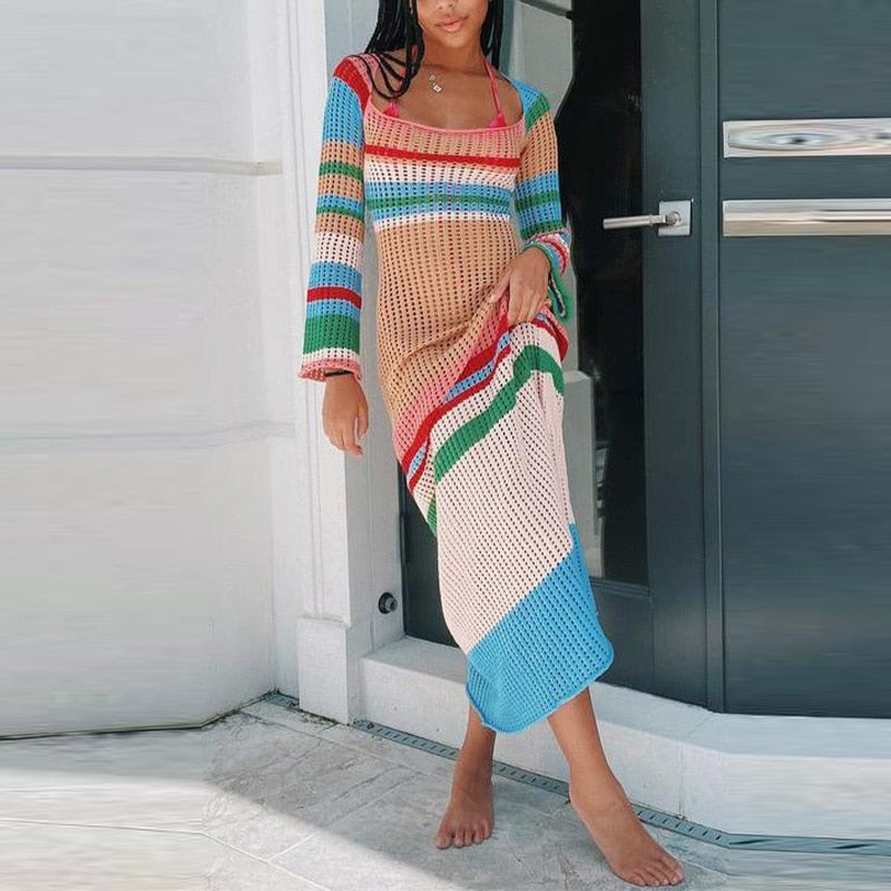 Ashore Shop Knitted Women's Striped Long Sleeve Dresses