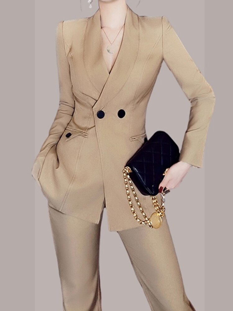 Women Business Pantsuit Formal Double Breasted Blazer Jacket and Long Pants 2 Pieces Set Female Outerwear Outfits