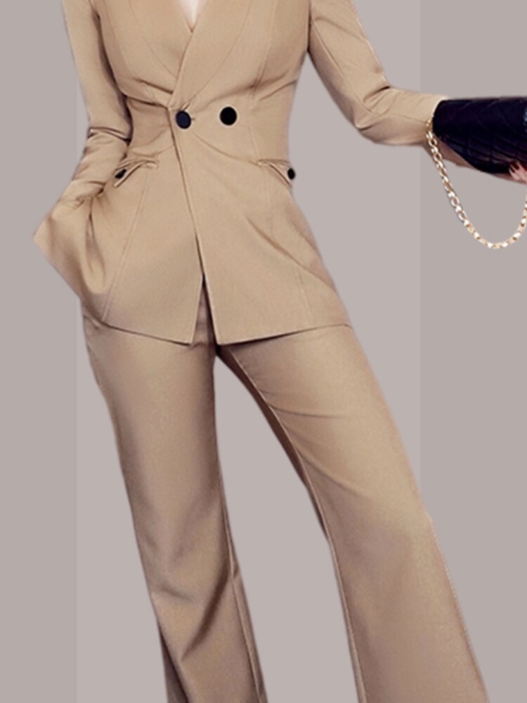 Women Business Pantsuit Formal Double Breasted Blazer Jacket and Long Pants 2 Pieces Set Female Outerwear Outfits