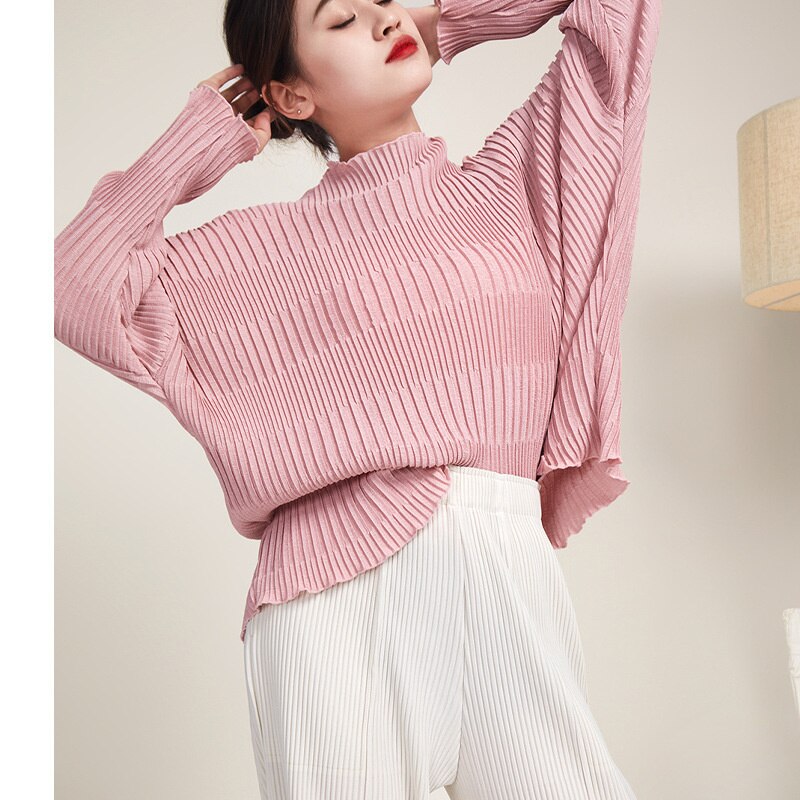 ASHORE SHOP: Long Sleeve Pleated T-shirts For Women Stand Collar Loose Fit Solid Color Female Casual Top Clothing Spring New