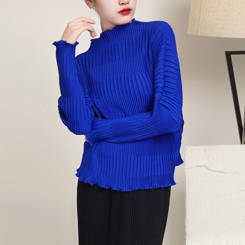 ASHORE SHOP: Long Sleeve Pleated T-shirts For Women Stand Collar Loose Fit Solid Color Female Casual Top Clothing Spring New