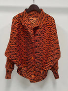 ASHORE Ripple Stretch: Print Pleated Shirts For Women  Turn-down Collar Long Sleeves Single Breasted Tops Female Vintage Clothes Spring