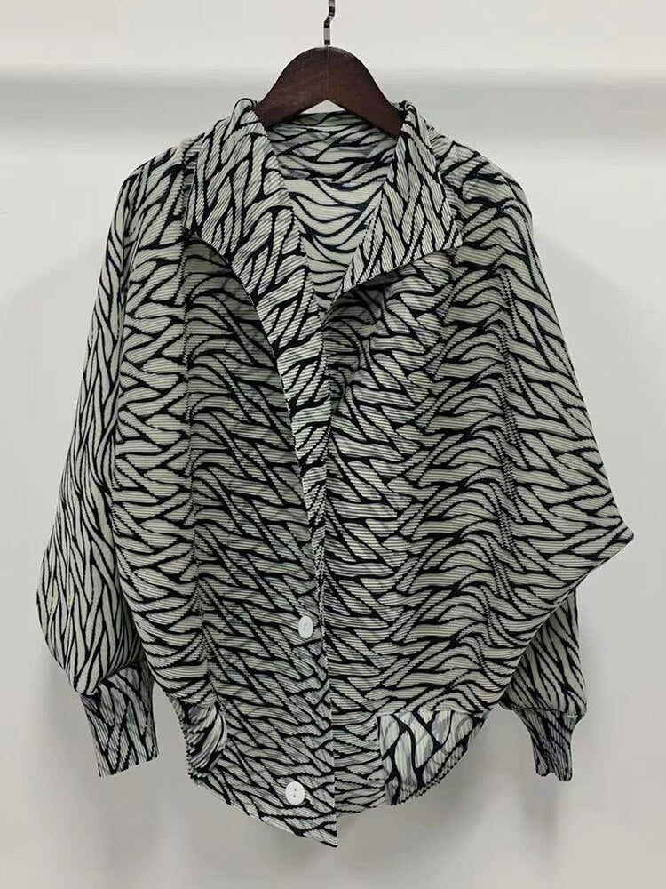 ASHORE Ripple Stretch: Print Pleated Shirts For Women  Turn-down Collar Long Sleeves Single Breasted Tops Female Vintage Clothes Spring