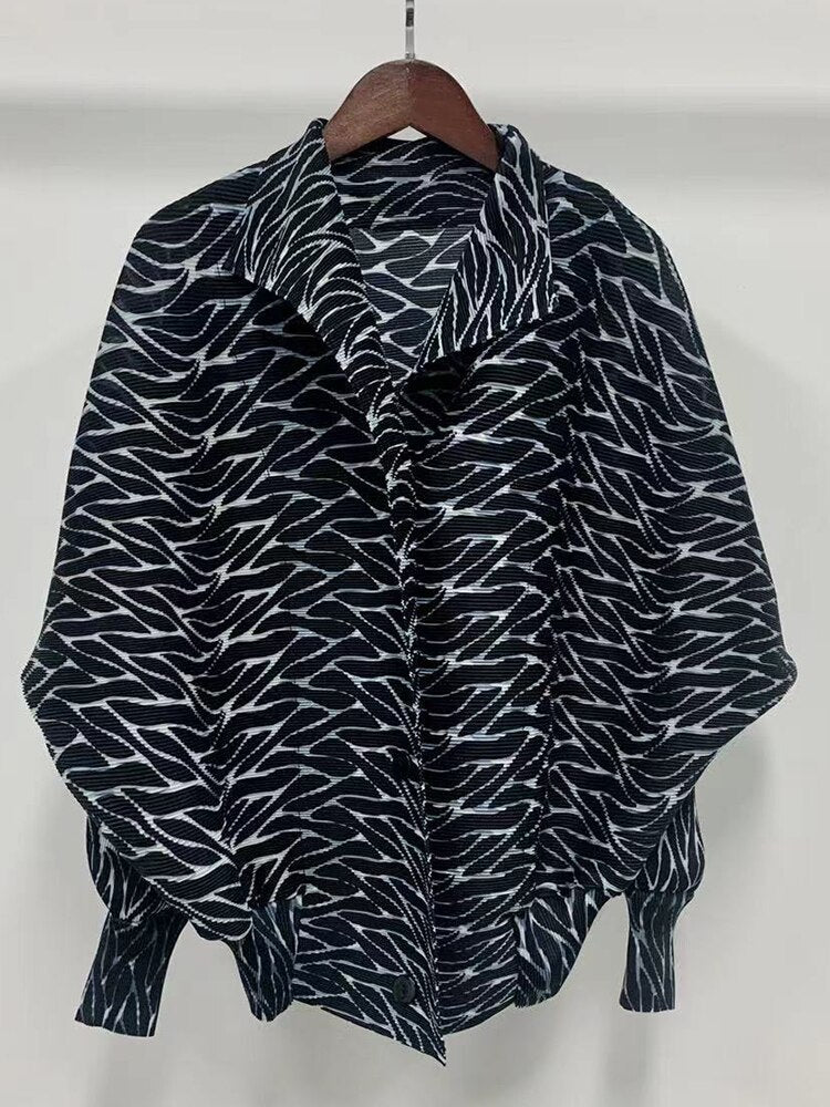 ASHORE Ripple Stretch: Print Pleated Shirts For Women  Turn-down Collar Long Sleeves Single Breasted Tops Female Vintage Clothes Spring
