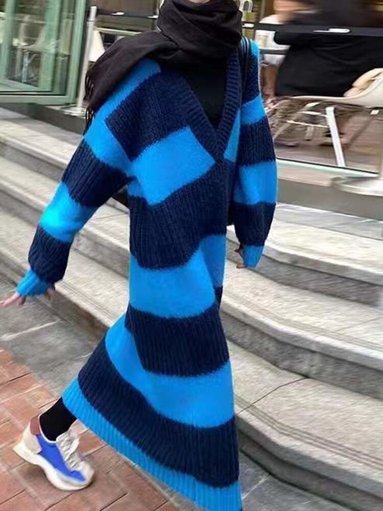 Womens Super Long Striped Knitted Pullover Round Neck Loose Sweater Dresses