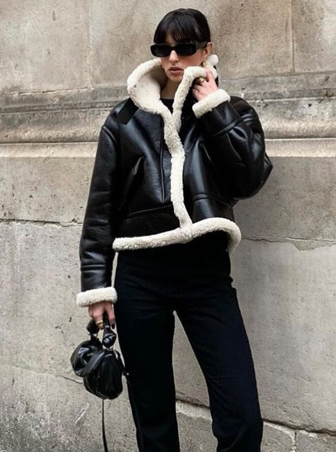Winter Woman Imitation Leather Jacket Lapel Long Sleeve Thickened Jackets