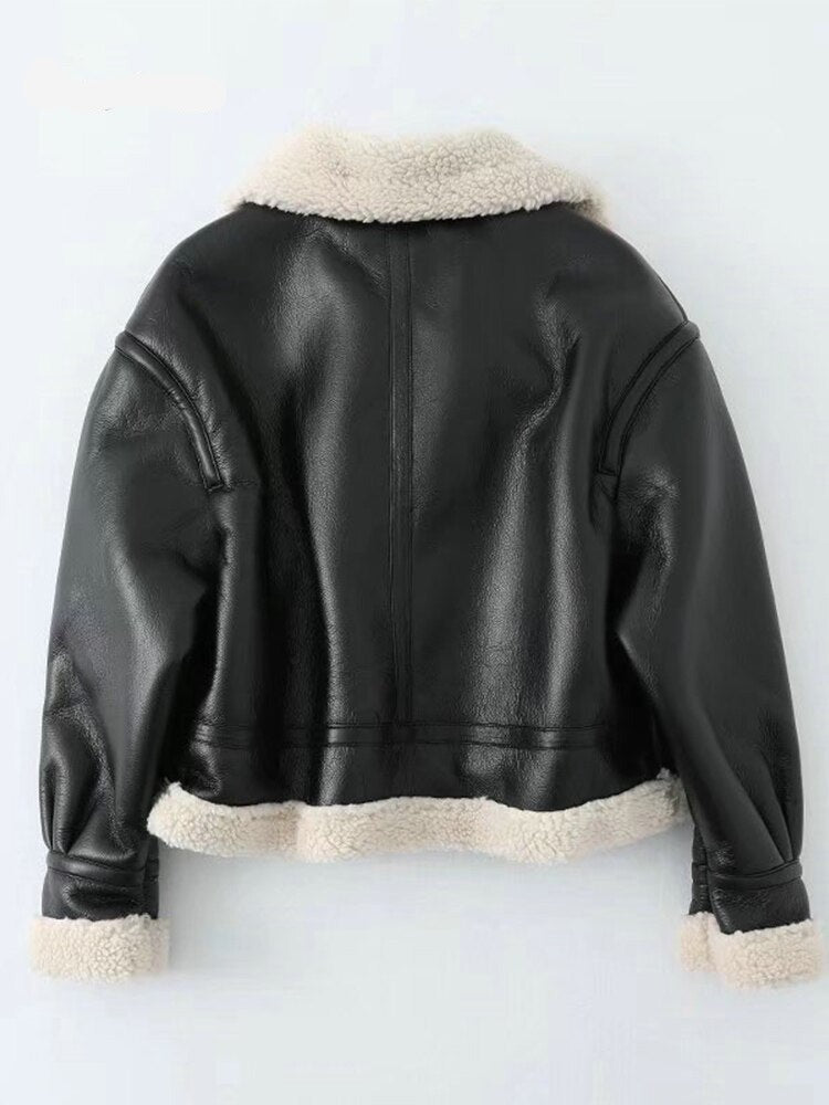 Winter Woman Imitation Leather Jacket Lapel Long Sleeve Thickened Jackets