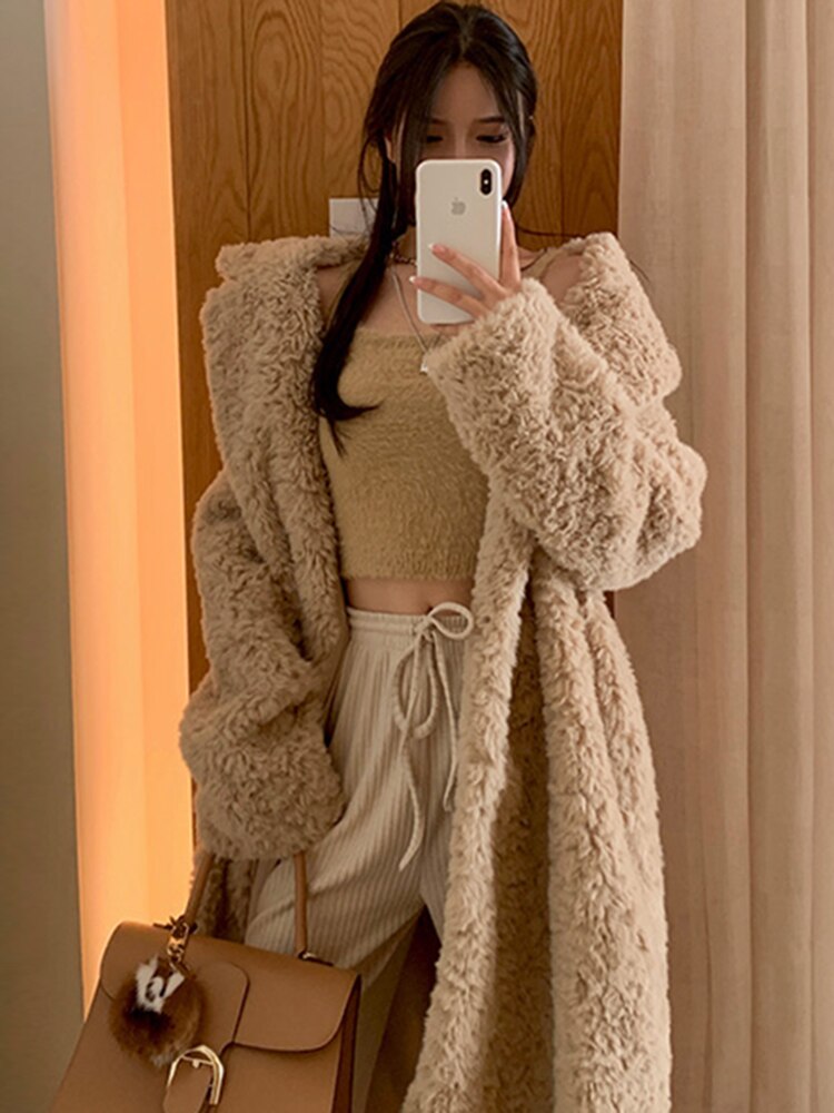 Winter Sheep Fur Long Oversized Shaggy Fuzzy Warm Thick Fluffy Faux Fur Coat Women