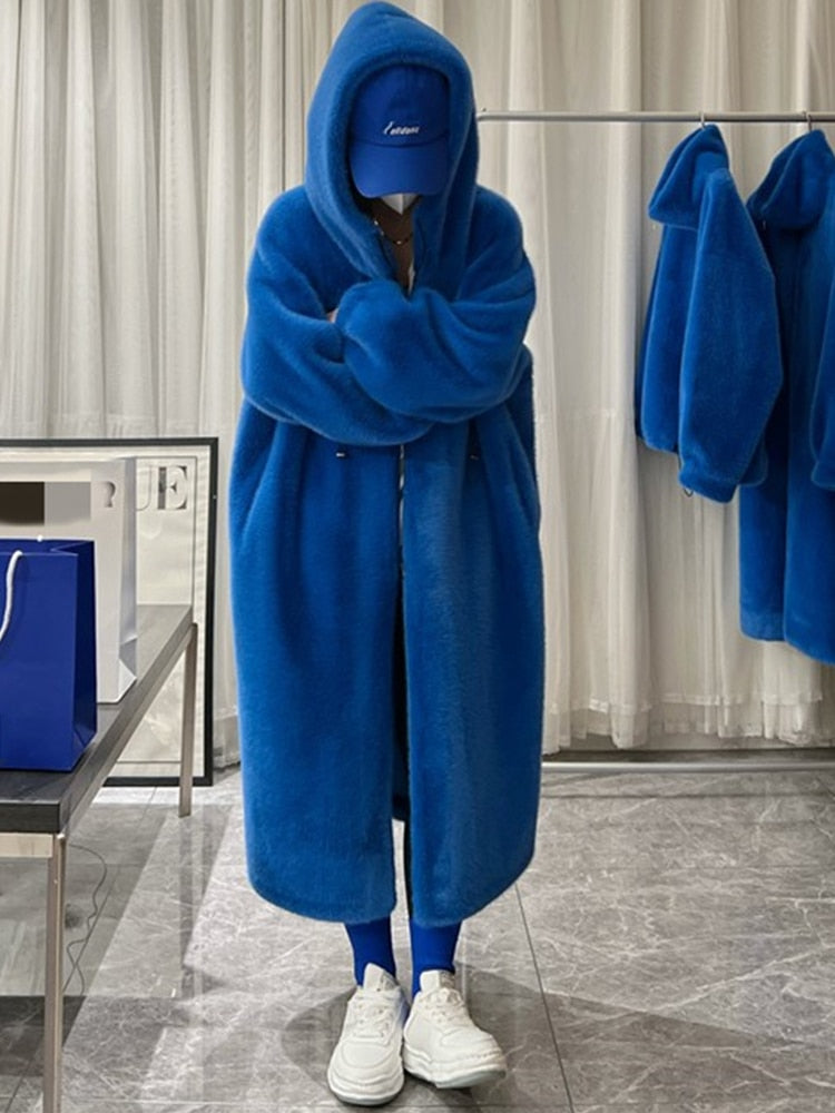 Winter Hoody Long Oversized Warm Thick Blue White Fluffy Faux Fur Coat Women