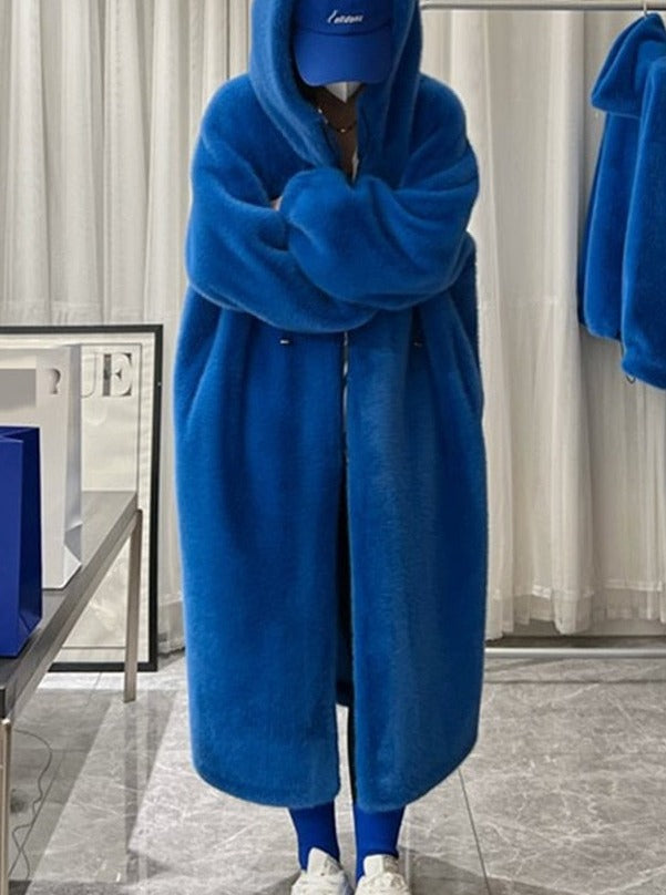 Winter Hoody Long Oversized Warm Thick Blue White Fluffy Faux Fur Coat Women