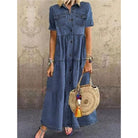 Long Solid Mercerized Denim Pleated Short Sleeve Shirt Dress 2022