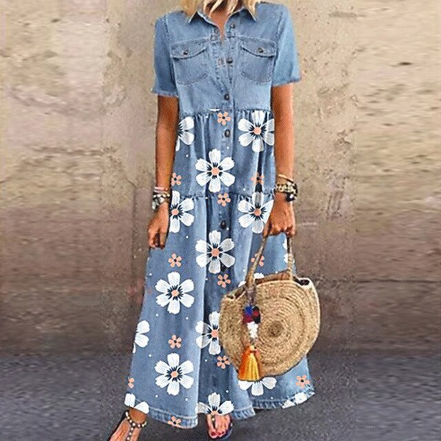 Long Solid Mercerized Denim Pleated Short Sleeve Shirt Dress 2022