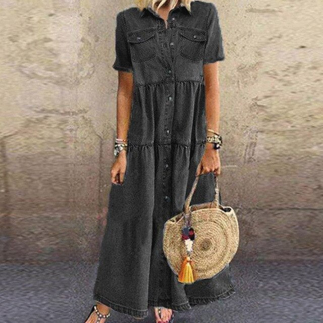 Long Solid Mercerized Denim Pleated Short Sleeve Shirt Dress 2022