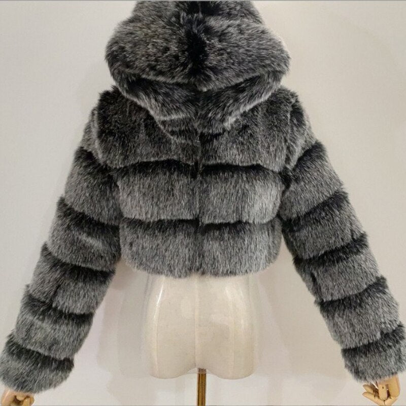 Ashore Winter Shop  High Quality Warm Blue Furry Overcoat Elegant Plush Crop Jacket Femme