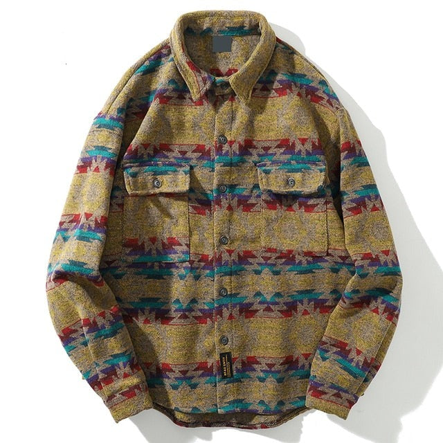 Men Autumn Winter Warm Woolen Shirt Jacket Unisex Long Sleeve Aztec Western Flannel Shirt