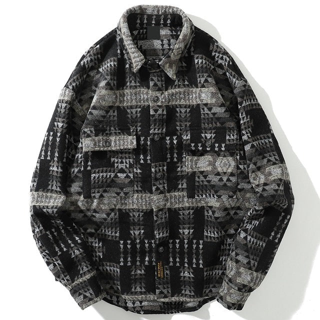 Men Autumn Winter Warm Woolen Shirt Jacket Unisex Long Sleeve Aztec Western Flannel Shirt