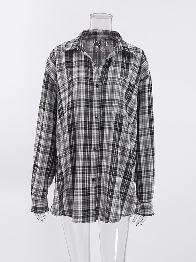 ASHORE SHOP Patchwork Black And White Plaid Shirts Women Pocket Gingham Blouse Casual Loose Long Sleeve Print Tops Spring Shirts