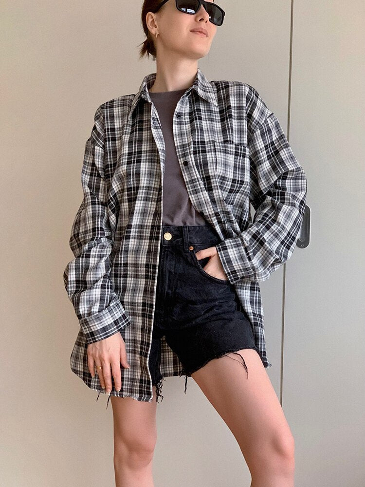 ASHORE SHOP Patchwork Black And White Plaid Shirts Women Pocket Gingham Blouse Casual Loose Long Sleeve Print Tops Spring Shirts