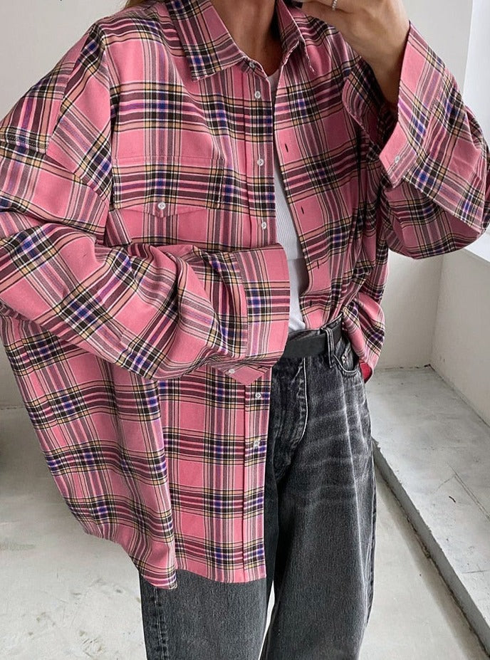 Ashore Shop Loose Pink Plaid Shirts And Tops