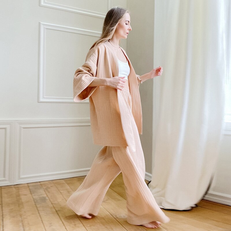 Kimono Pajamas 2023 New 100% Cotton Crepe Long-Sleeved Trousers Ladies Sleepwear Suit Women's Home Service Mujer