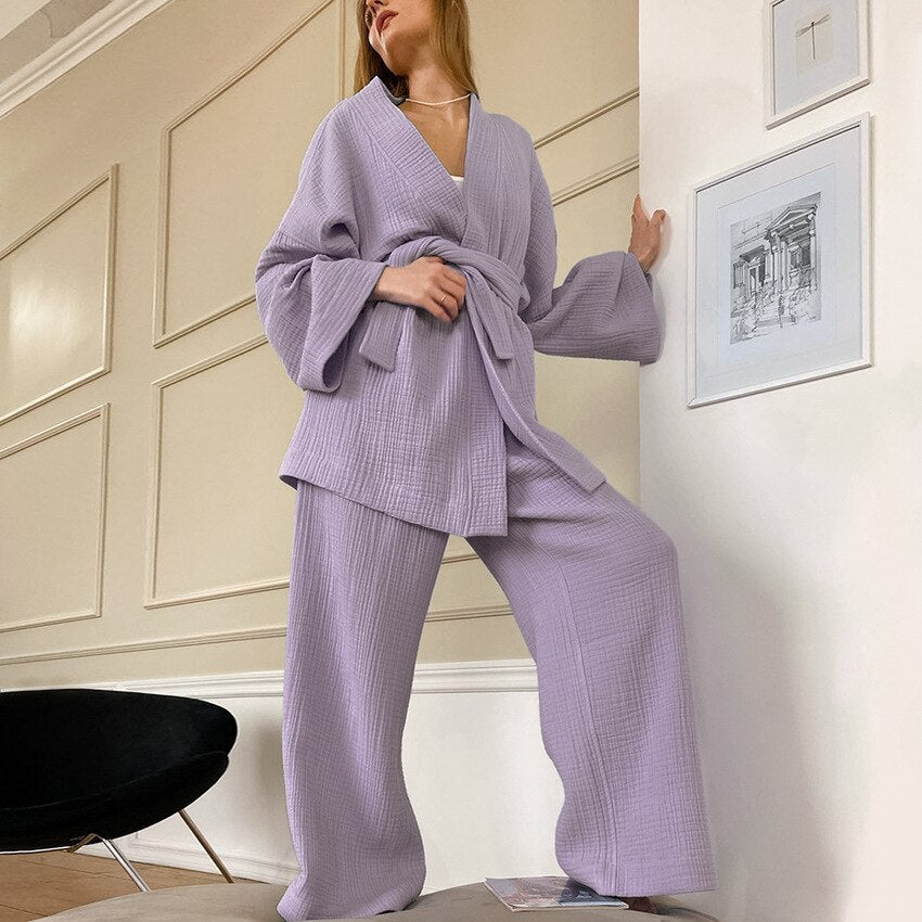 Kimono Pajamas 2023 New 100% Cotton Crepe Long-Sleeved Trousers Ladies Sleepwear Suit Women's Home Service Mujer