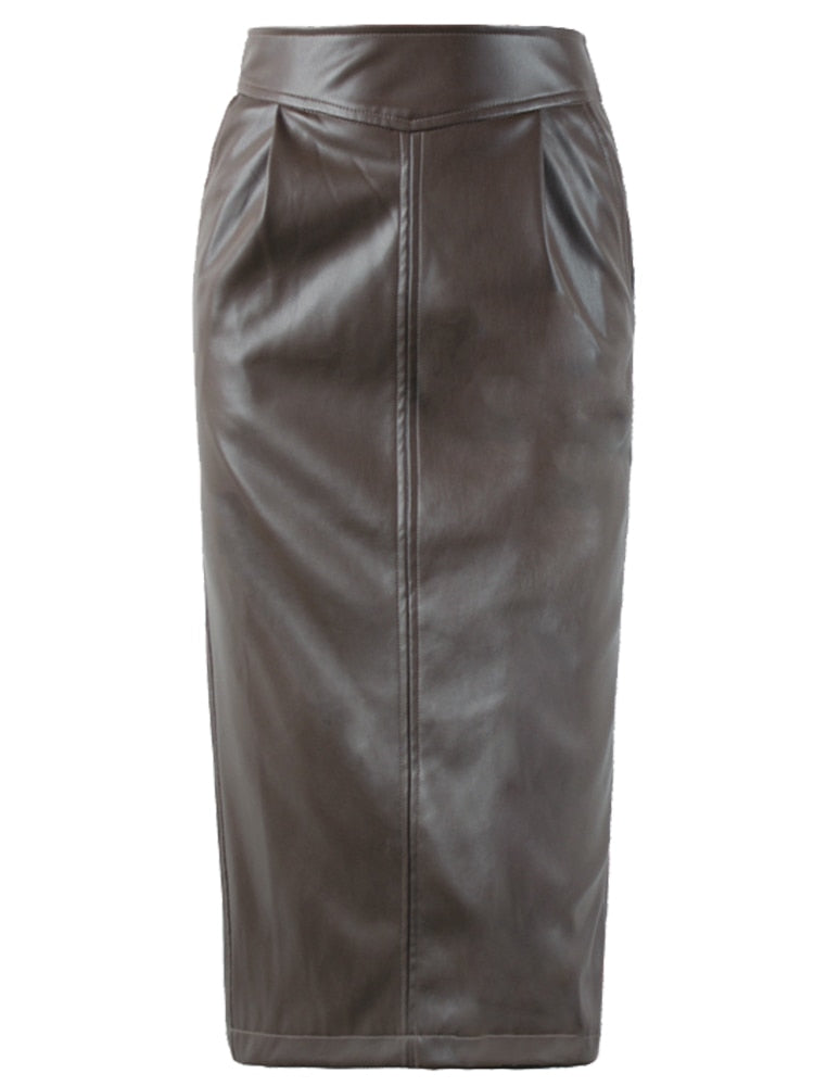Midi Leather Skirt Women Brown White Black Long High Waisted Pencil Skirts