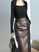 Midi Leather Skirt Women Brown White Black Long High Waisted Pencil Skirts
