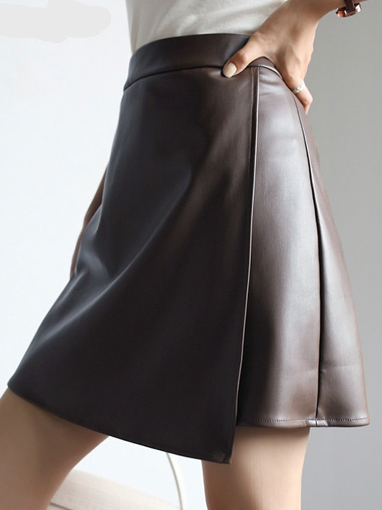 Spring mini Faux Leather skirts for Women 2022 brown short leather skirt