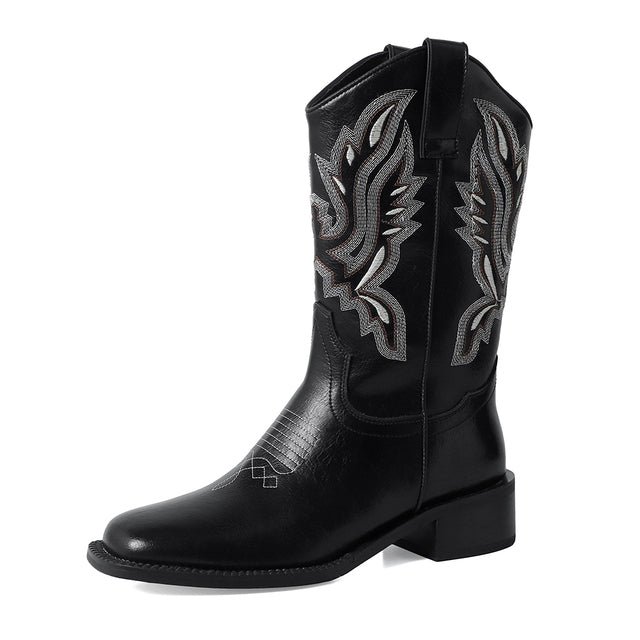 Cowboy Boots for Women Mid Calf Western Boots Cowboy Wide Toe Knee High Pull on Boots