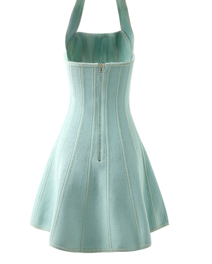 ASHORE Boutique Lt. Luxury Knitted Halter Dress Sea Color Shaped Top Flared Bottom Vintage Dress Newest Summer Unique Hot Women Sexy Party Halter A-line Knitted 