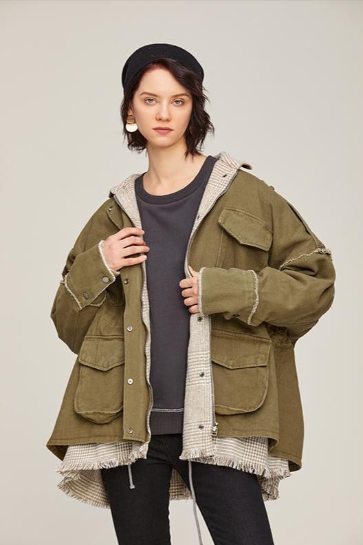 Womens Outdoor jacket female 2021 spring and autumn loose fake two-piece plaid Jackets