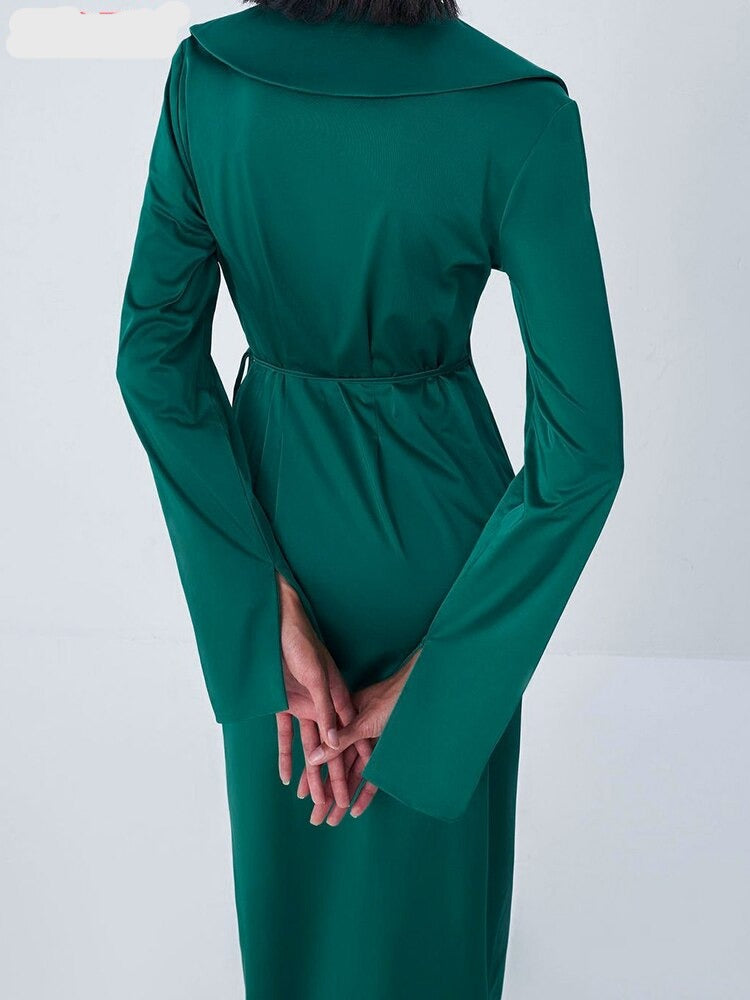 Ashore Shop V-Neck Satin Wrap Elegant Long Dress 2023 Women Fashion Green Summer A-Line Mid-Cal Dresses Split Sexy Dress Office Lady