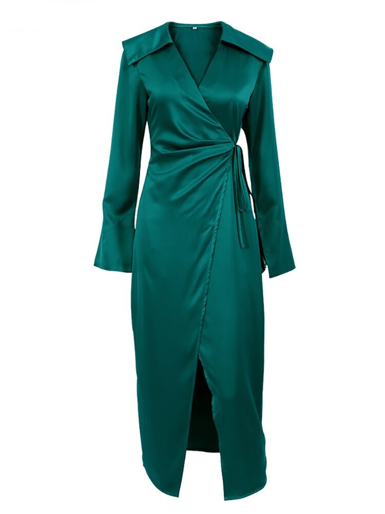 Ashore Shop V-Neck Satin Wrap Elegant Long Dress 2023 Women Fashion Green Summer A-Line Mid-Cal Dresses Split Sexy Dress Office Lady