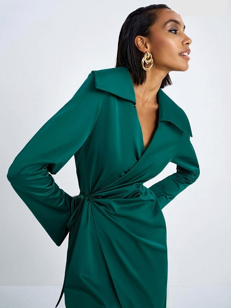 Ashore Shop V-Neck Satin Wrap Elegant Long Dress 2023 Women Fashion Green Summer A-Line Mid-Cal Dresses Split Sexy Dress Office Lady