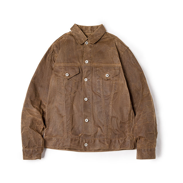 Vintage Casual Coat Cotton Solid Slim Jackets Patent Oil Wax Jackets For Men Pocket Khaki Denim Pocket Jacket