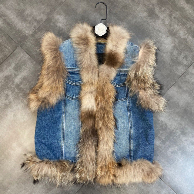 Ashore Western Shop  2022 Winter Western Genuine Raccoon Fur Thick Cotton Vest