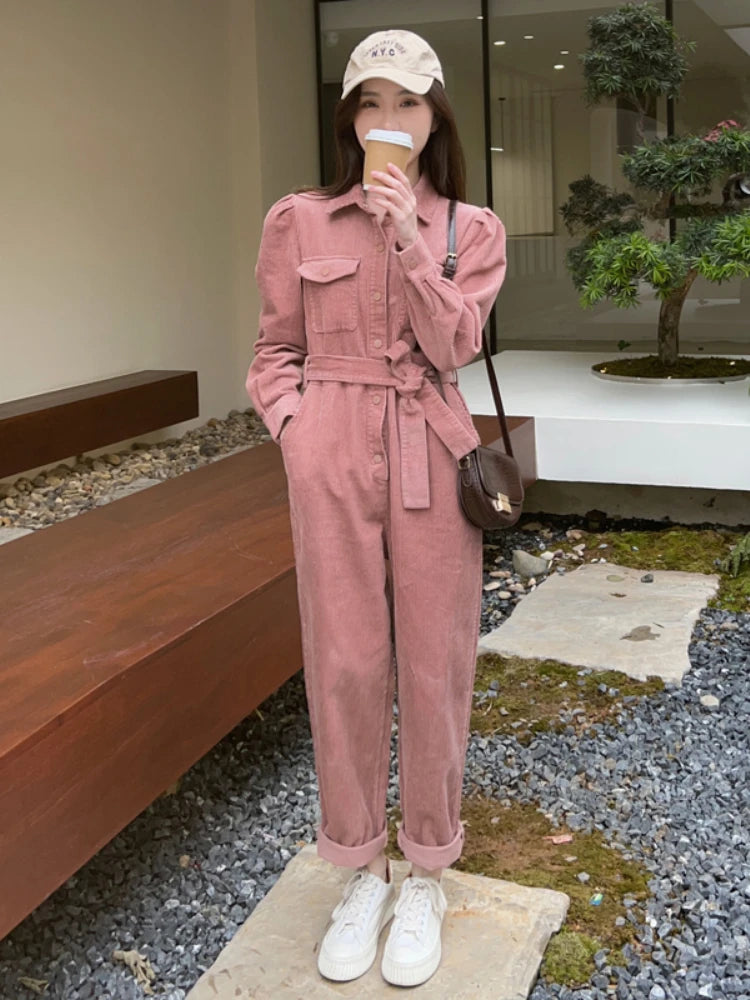 Ashore Shop Pink Corduroy Jumpsuit for Women Spring Autumn Loose Long ASHORE SHOP