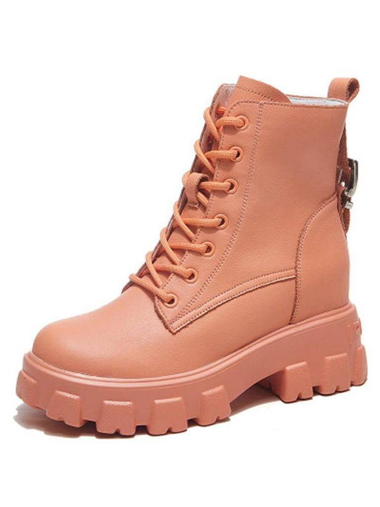 Solid Pink Genuine Leather Side Zipper Women's Ankle Boots Zipper Opening Martin Boots