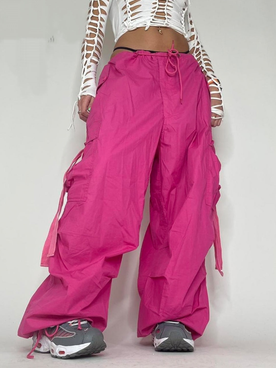 Parachute Oversized Cargo Pants 2023 Summer New Sweatpants Lace Up Ribbon Low Rise Chic Pink Pants