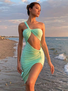 ASHORE SHOP Sea Shore Vacation DRESS  Sexy Cut Out Split Midi Dress Women Party Club Summer Ruche