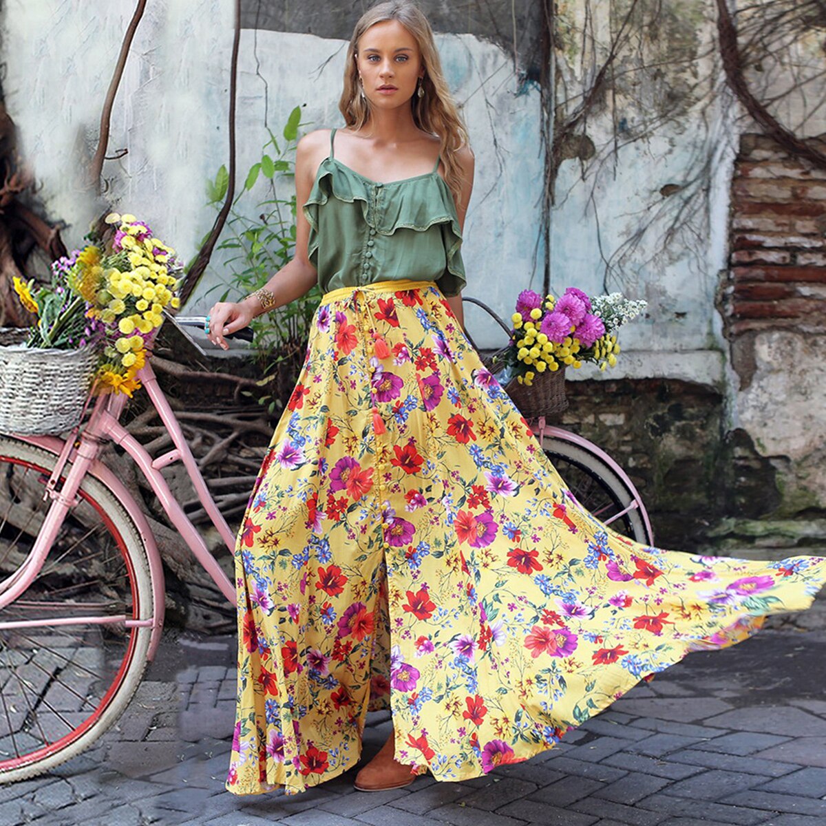 Boho Sets Summer vintage Print Women Dress Ruffle Sets Two-piece Suit Dress