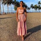 Vintage Gingham Print Off Shoulder Sexy Front Cut Out Summer Dress Long Elegant Plaid