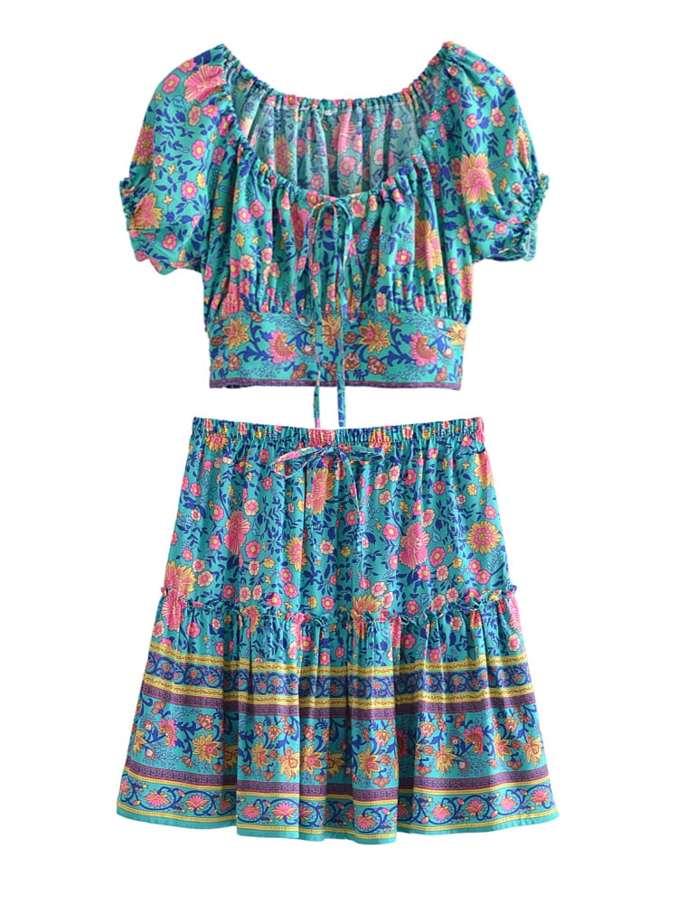 Vintage Chic Women Two Piece Outfits Strap Sleeveless Tops Bohemian Drawstring Mini Skirts 2 Pieces Rayon Cotton Boho Sets