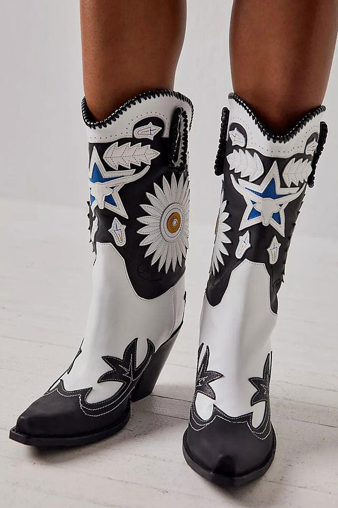 Cowboy Mid Cald Boots Floral Design Cowgirls Embroidery Slip On Riding Booties