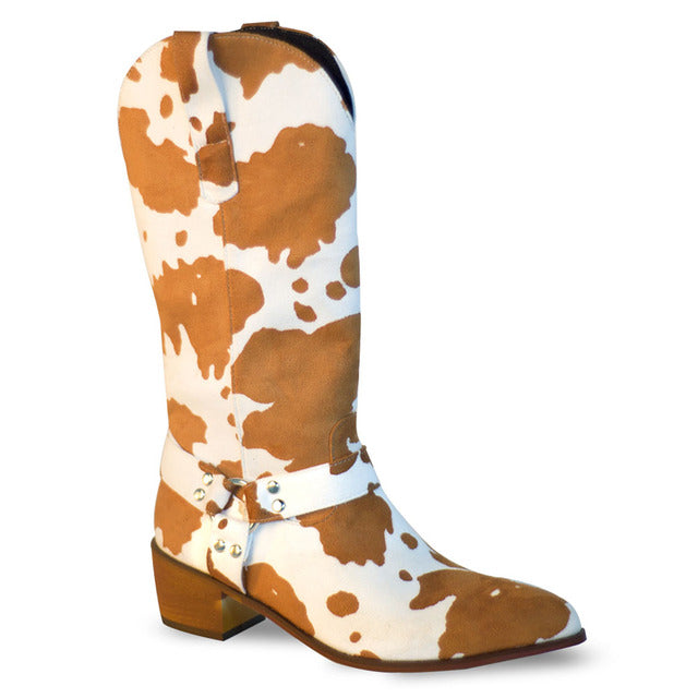 Western Cowgirl Boots Flock Med Heel Pointed Toe Zip Animal Prints Buckle Winter 2022
