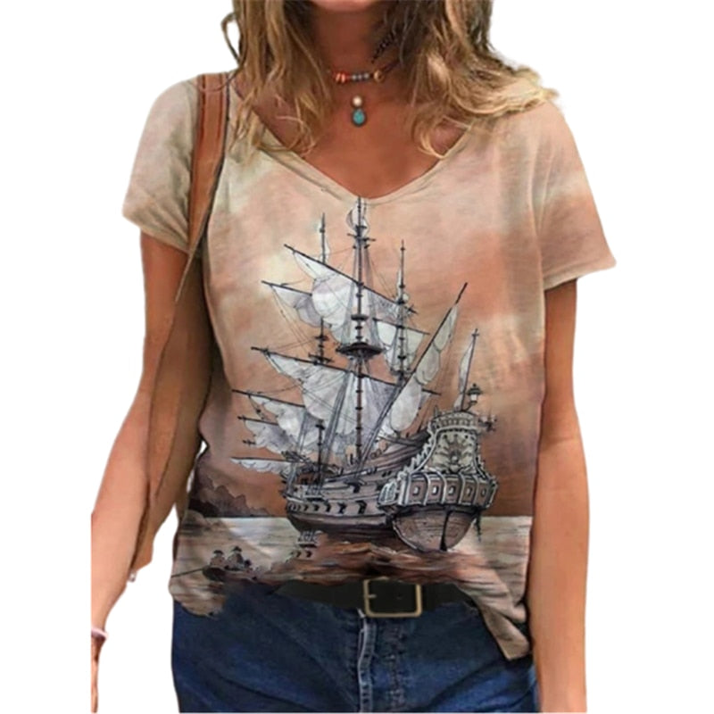 3D Boat Print Women T Shirt Summer Casual Short Sleeve V-Neck Loose Street Tops Plus Size Female Cotton Tee