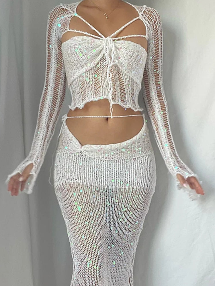 ASHORE SHOP Sequins Knitted Hollow Out Two Piece Set