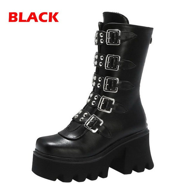 Punk Biker Boots Sexy Buckle Womens winter high boots Leather Block Heel Gothic Black Punk Style Platform Shoes