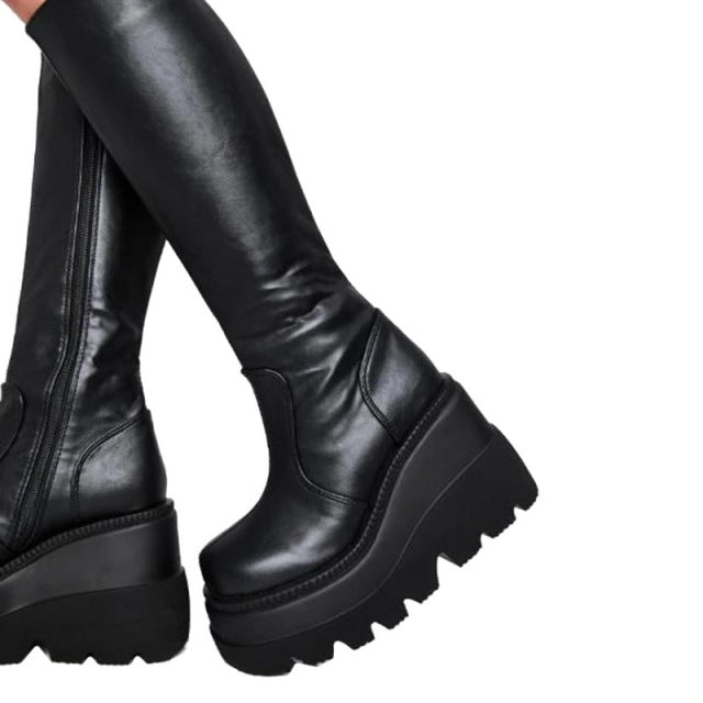 Punk Biker Boots Sexy Buckle Womens winter high boots Leather Block Heel Gothic Black Punk Style Platform Shoes